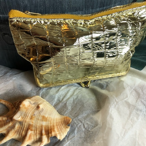 Vintage Style Cosmetic Bag, Dual Use, Snap/Zip Closure, Gold - Picture 2 of 16